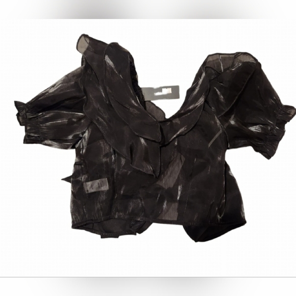 Lulu's Master of Style Black Puff Sleeve Cropped Wrap Top XS Bow Sheer Goth - Picture 14 of 14